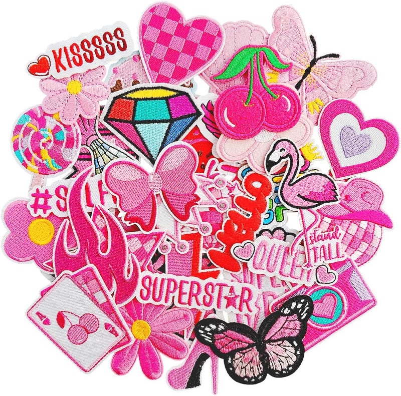 RF-patch 45Pcs Iron on Patches for Girl, Embroidered Pink Iron on/Sew on Patches for Clothes, Hats, Jeans, Jacket - Image 1